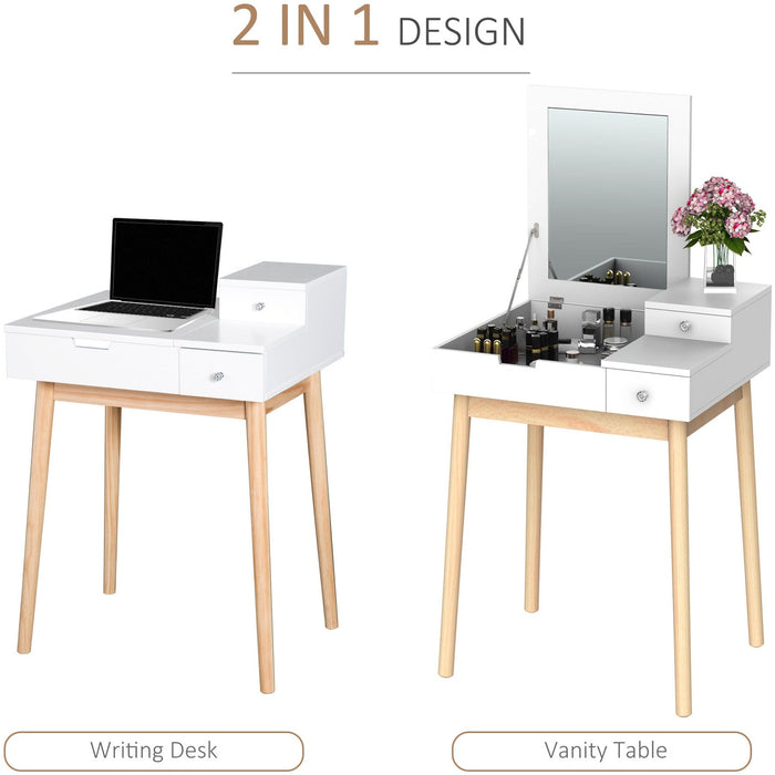 Pine Dressing Table With Flip up Mirror, 2 Drawers, White