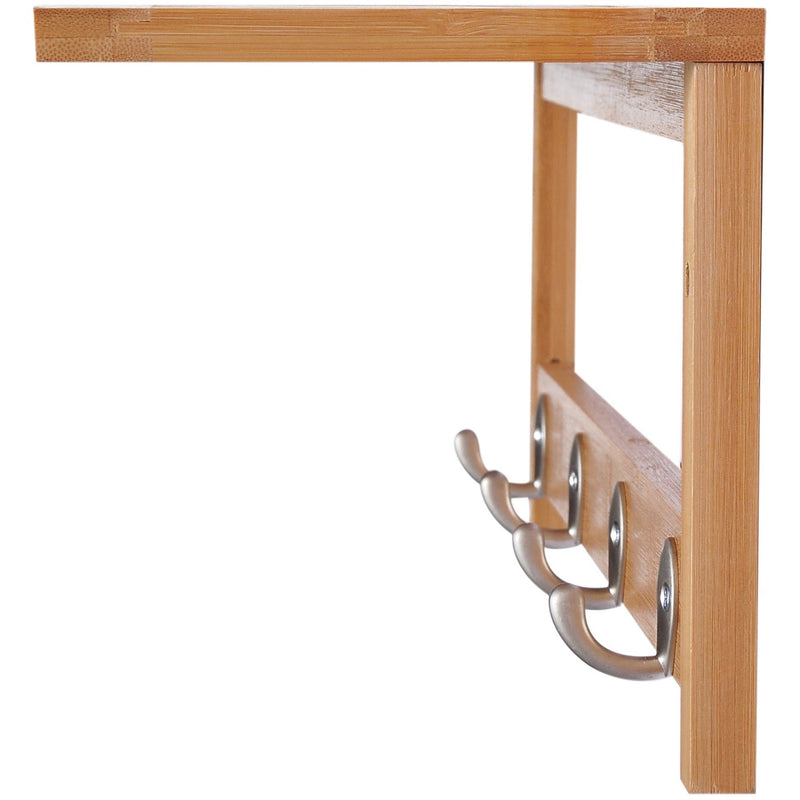 Wall Mounted Coat Rack with Rail and Shelf, 4 Hooks, Bamboo