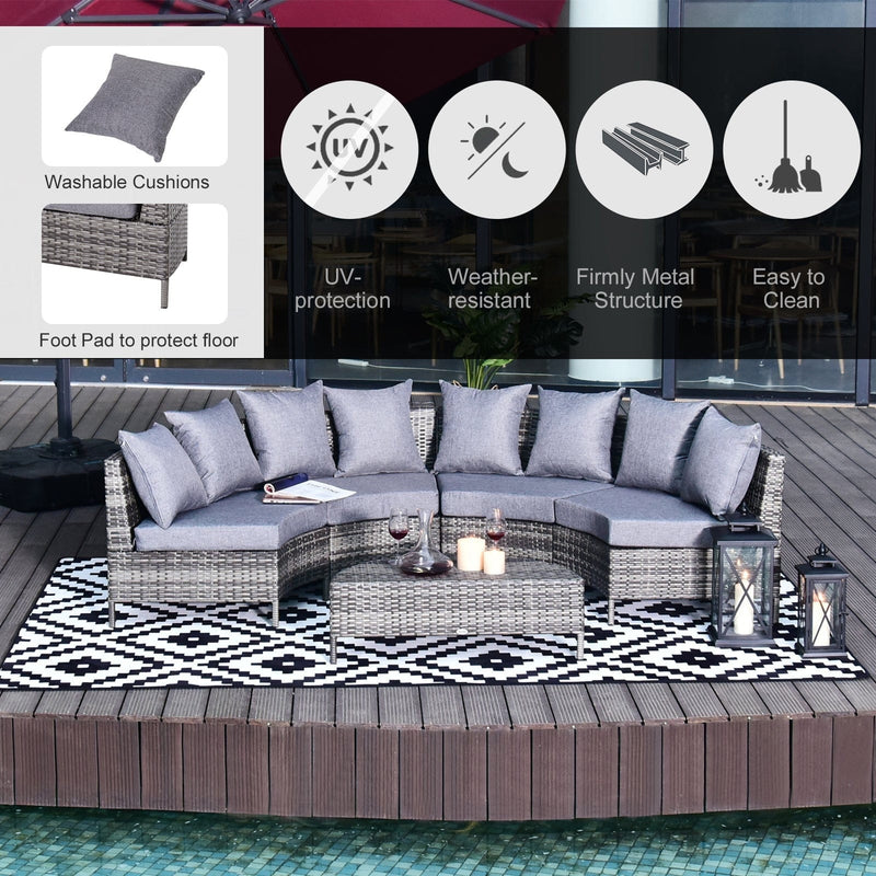 4 Seater Half Moon Rattan Sofa & Table Set, Grey Outsunny