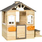 Wooden Kids Playhouse with Door, Windows, Bench Outsunny