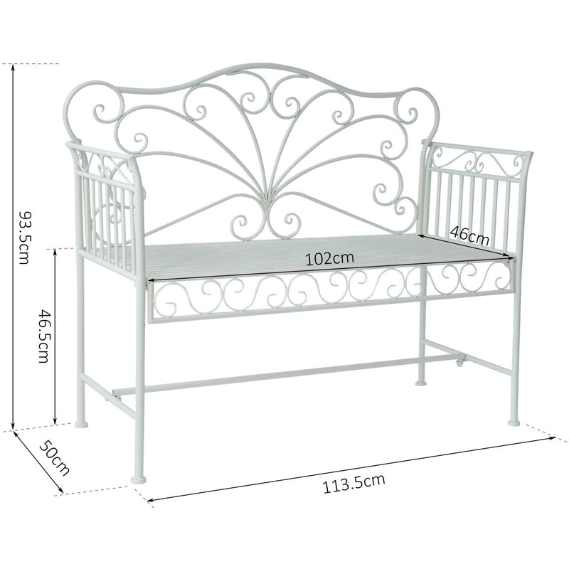 Outsunny Garden 2 Seater Metal Bench Park Seating Outdoor Furniture Chair w/ Decorative Backrest White Outsunny