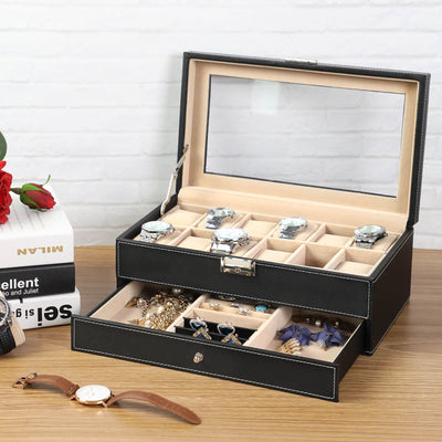 Black Leather Watch Box With Drawer and Glass Top by Songmics Songmics