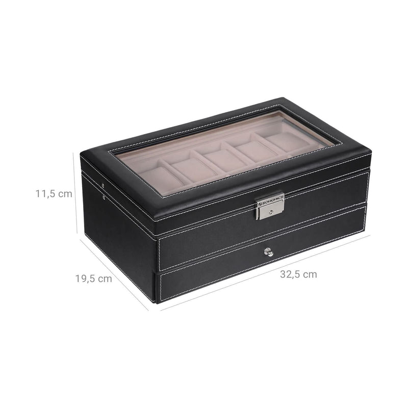 Black Leather Watch Box With Drawer and Glass Top by Songmics