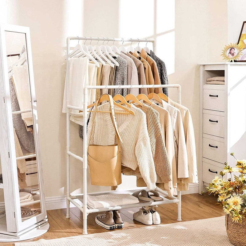 Double Rails Clothes Rack With Shelf, White