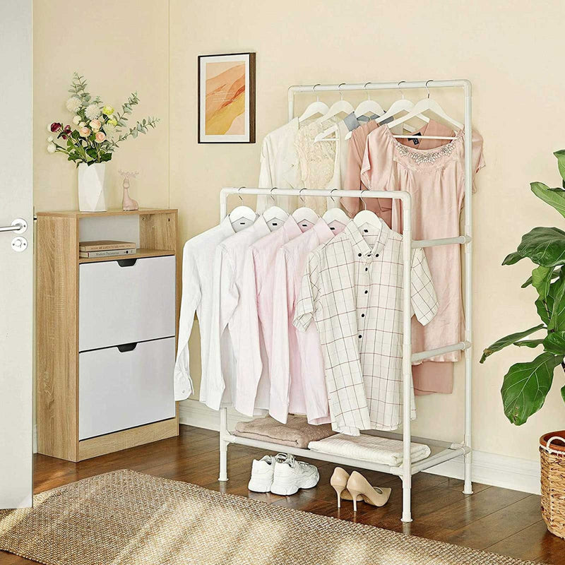 Double Rails Clothes Rack With Shelf, White