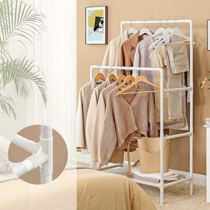 Double Rails Clothes Rack With Shelf, White