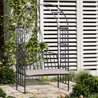Metal Arch Garden Bench with Cushion, 114x60x206cm, Black Outsunny