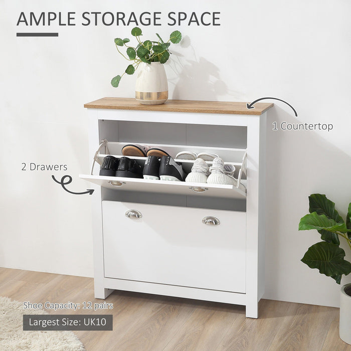 White Narrow Shoe Cabinet: 2 Drawers, 12-Pair Capacity