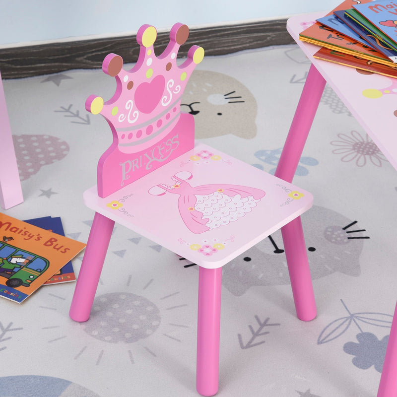 3-Piece Set Kids Wooden Table Chair with Crown Pattern Easy to Clean Gift for Girls Toddlers Age 3 to 8 Years Old Pink