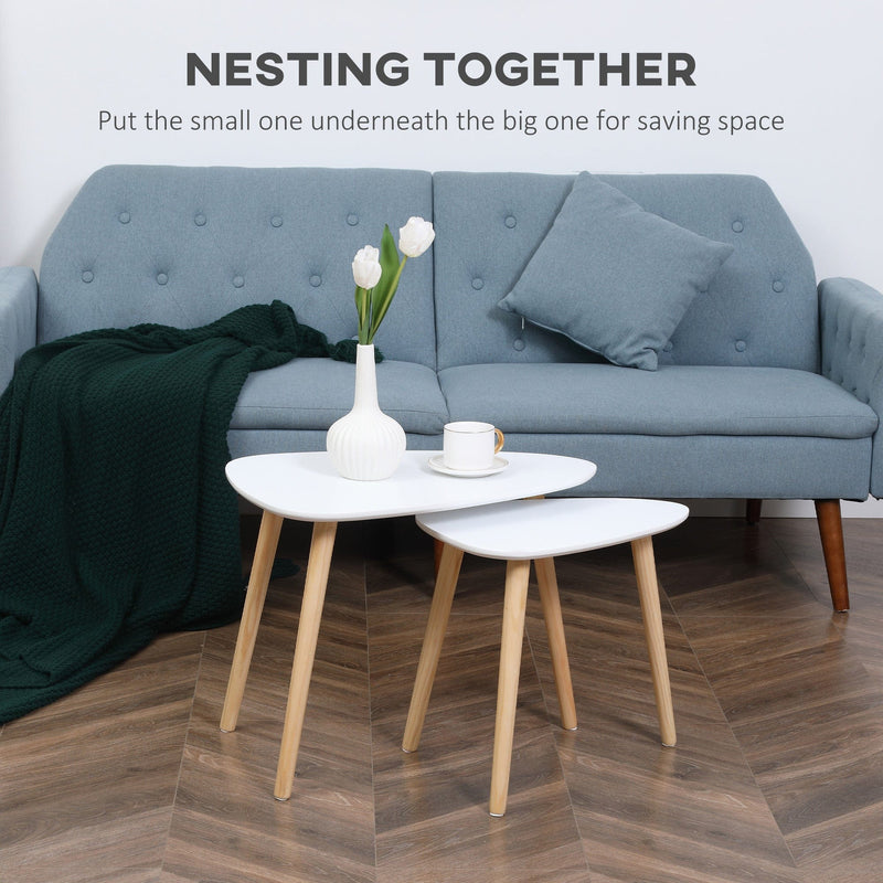 White Modern Side Table Set of 2, Triangular, Wood Legs