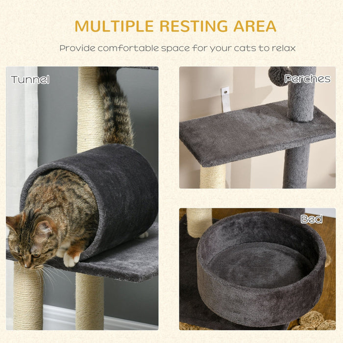 121cm Cat Tower: Bed, Tunnel & Ball Toy, Grey