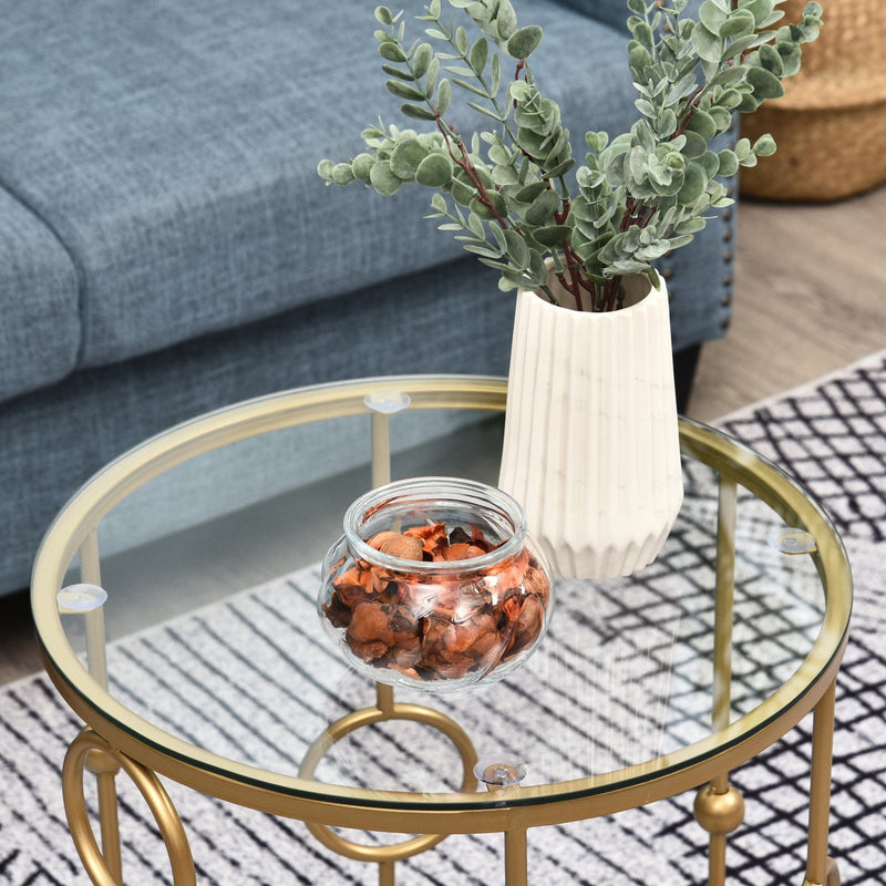 Set of 2 Gold Round Coffee Tables, Tempered Glass
