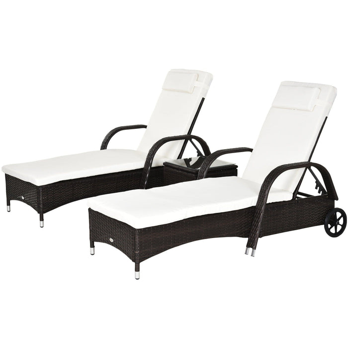 3pc Rattan Garden Lounge Set, Wheeled Loungers, Table