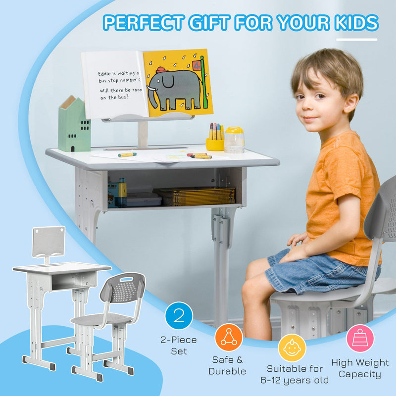 Kids Desk & Chair Set with Storage & Book Stand, Grey