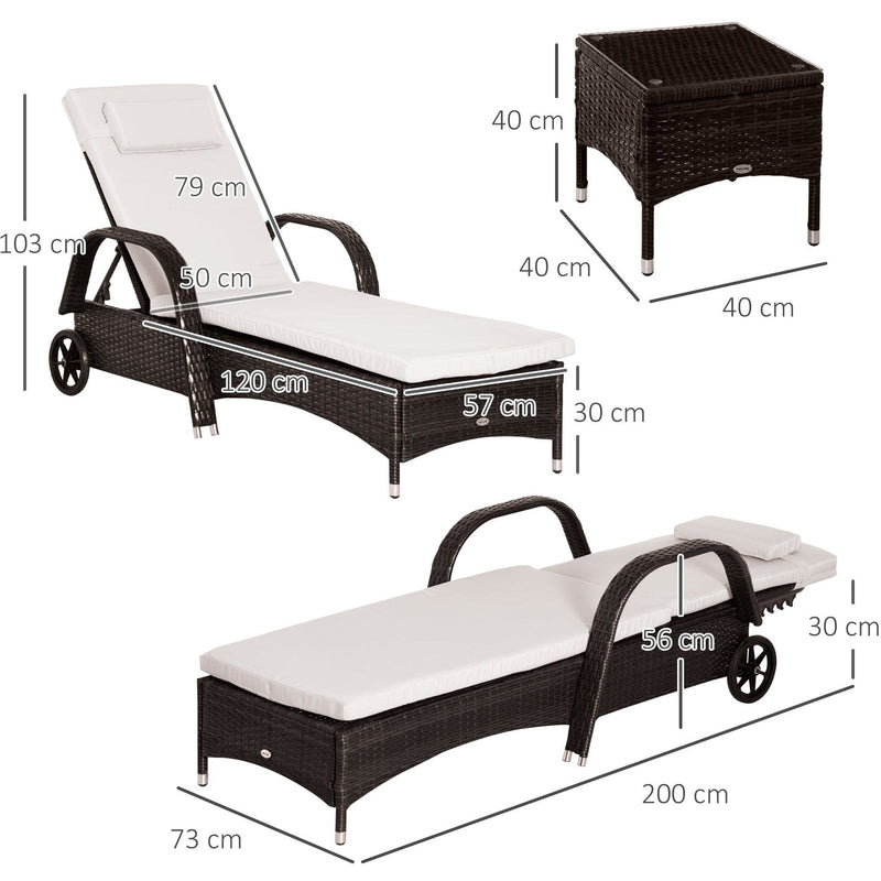 3pc Rattan Garden Lounge Set, Wheeled Loungers, Table