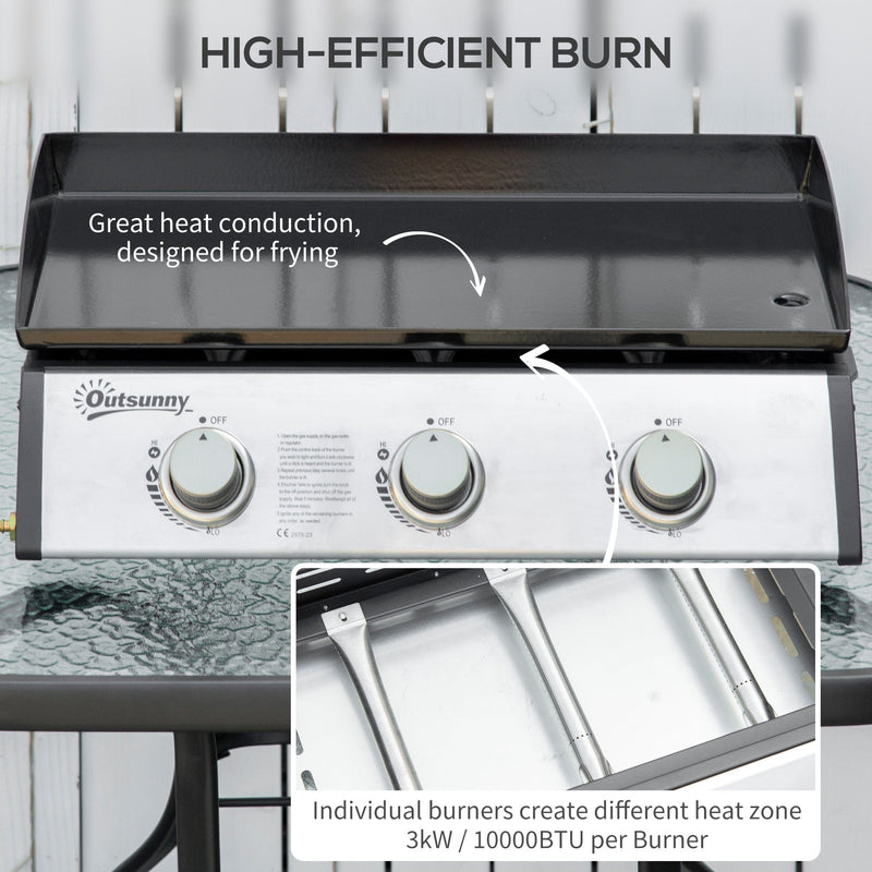Outsunny Gas Plancha Grill with 3 Stainless Steel Burner, 9kW, Portable Tabletop Gas BBQ w/Non-Stick Griddle for Camping Picnic Garden Party Festival Outsunny