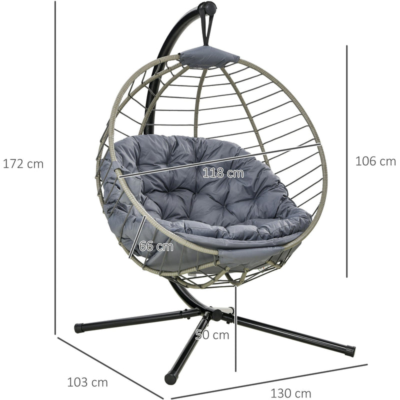 Large Grey Hanging Egg Chair, Foldable, Cushion, Metal Stand
