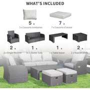 Image of an Outsunny 7 Seater Rattan Garden Furniture Set With Coffee Table Footstools and Reclining Armchairs Grey Rattan and Light Grey Cushions