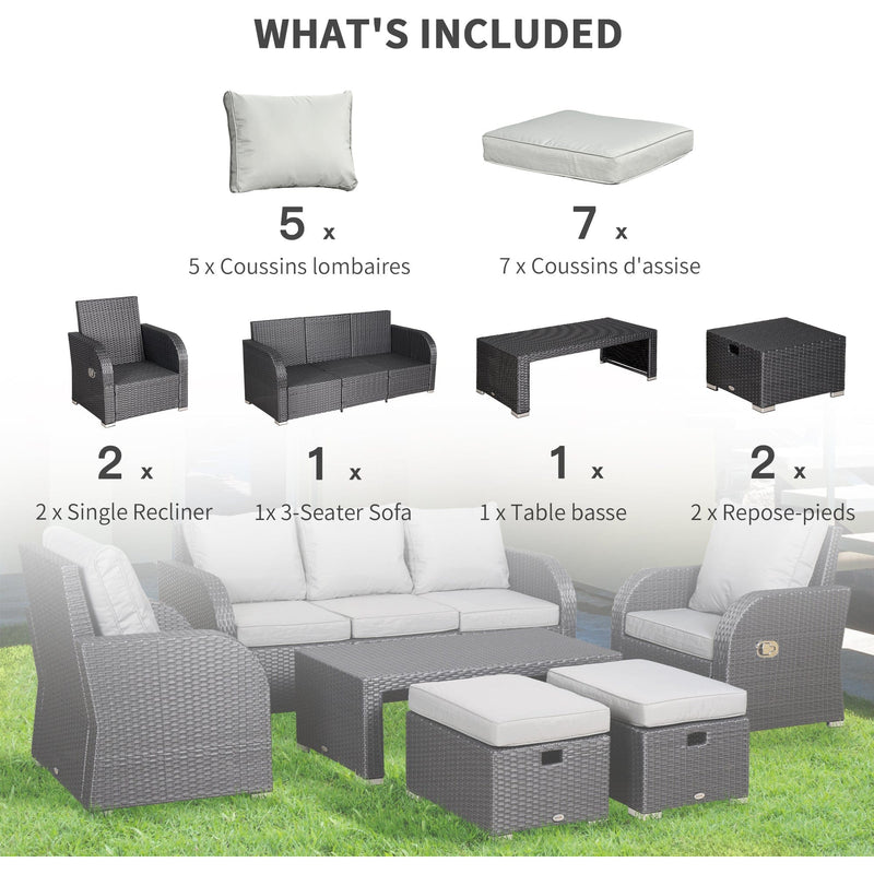 Image of an Outsunny 7 Seater Rattan Garden Furniture Set With Coffee Table Footstools and Reclining Armchairs Grey Rattan and Light Grey Cushions