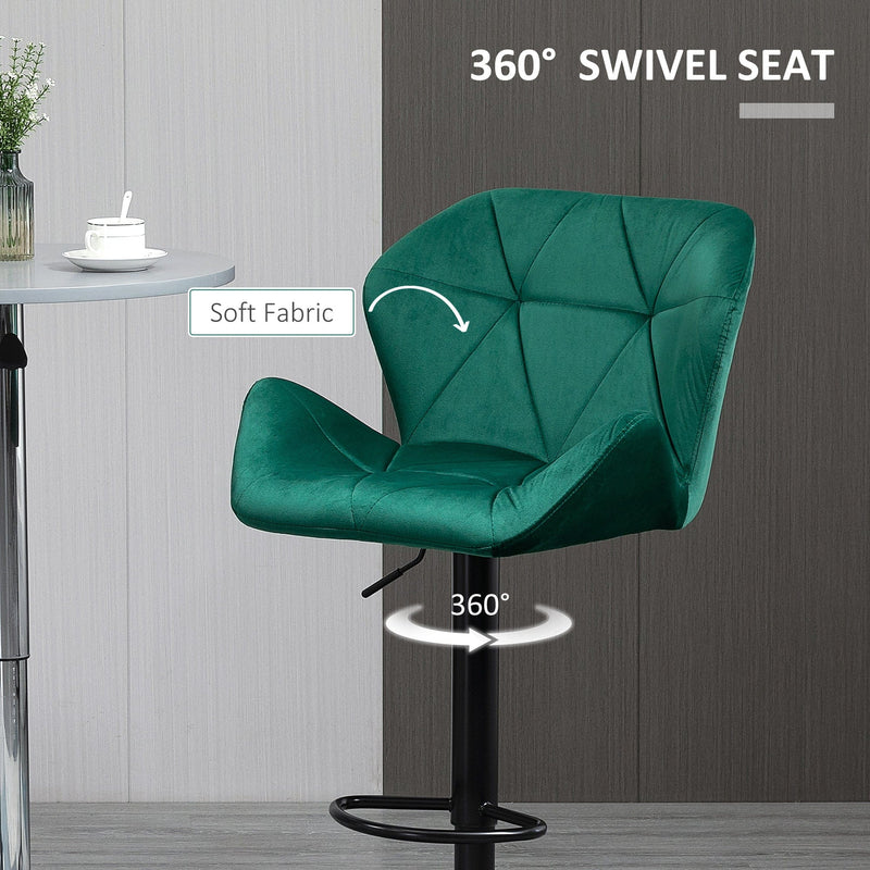 Set of 2 Kitchen Bar Stools With Backs, Green Velvet