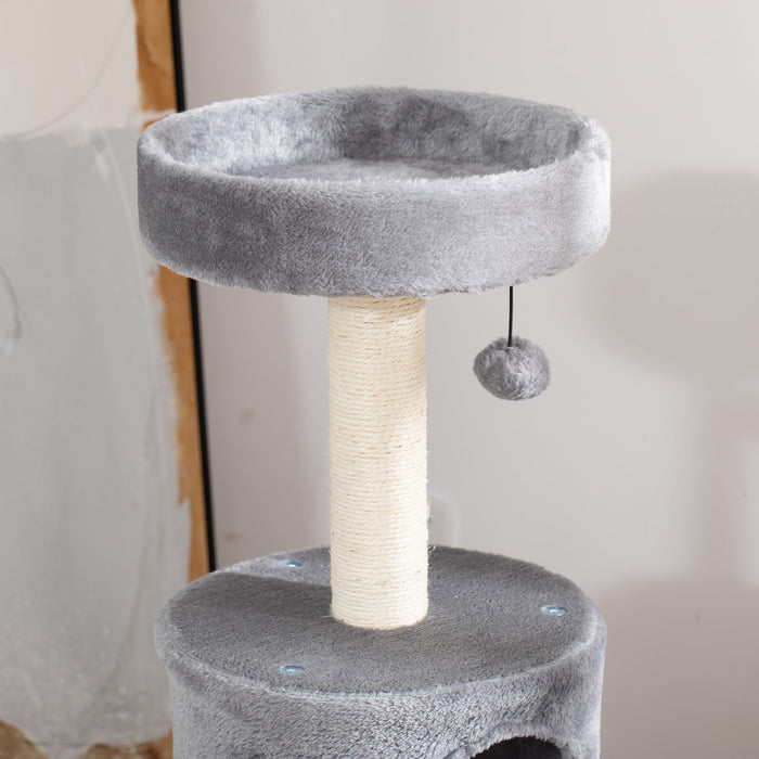 Cat Tree Tower, Jute Post, Bed Tunnel, Hanging Balls, Grey