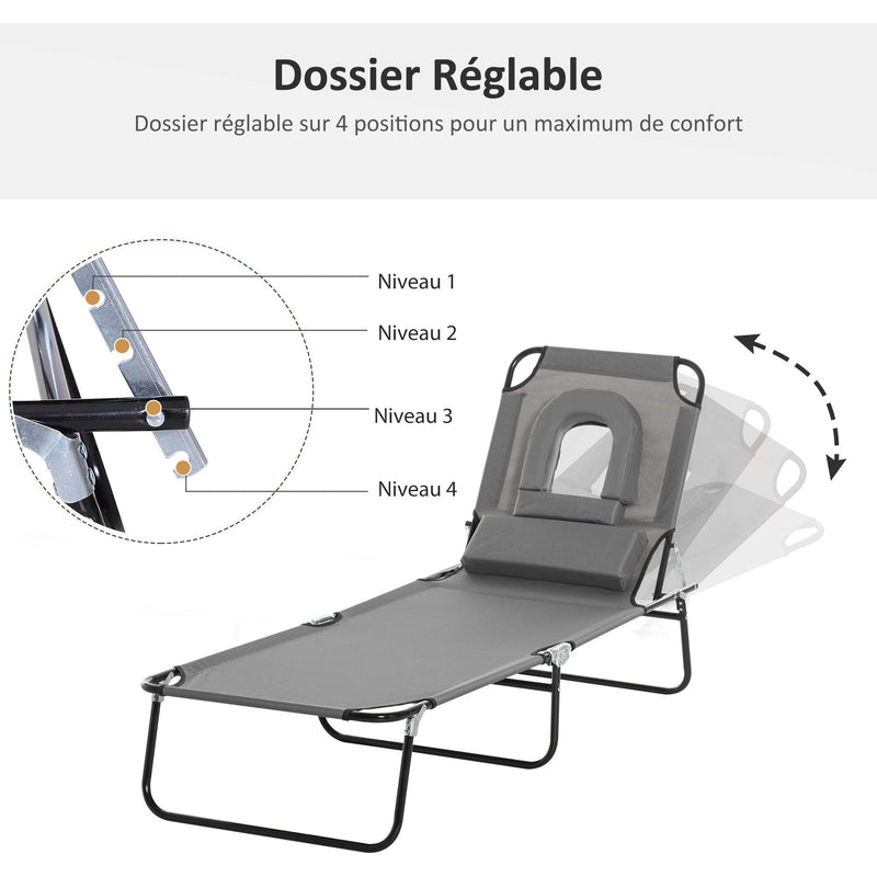 Outsunny Sun Lounger Foldable Reclining Chair with Pillow and Reading Hole Garden Beach Outdoor Recliner Adjustable Grey Outsunny