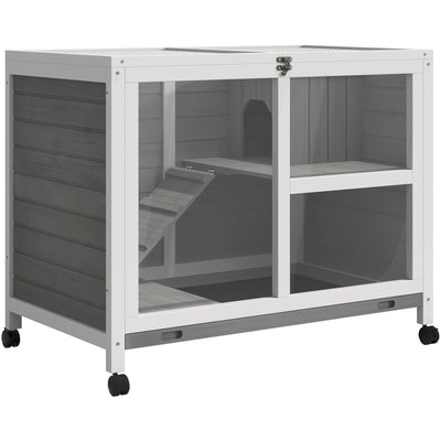 2 Level Indoor Rabbit Hutch With Wheels, Grey Pawhut