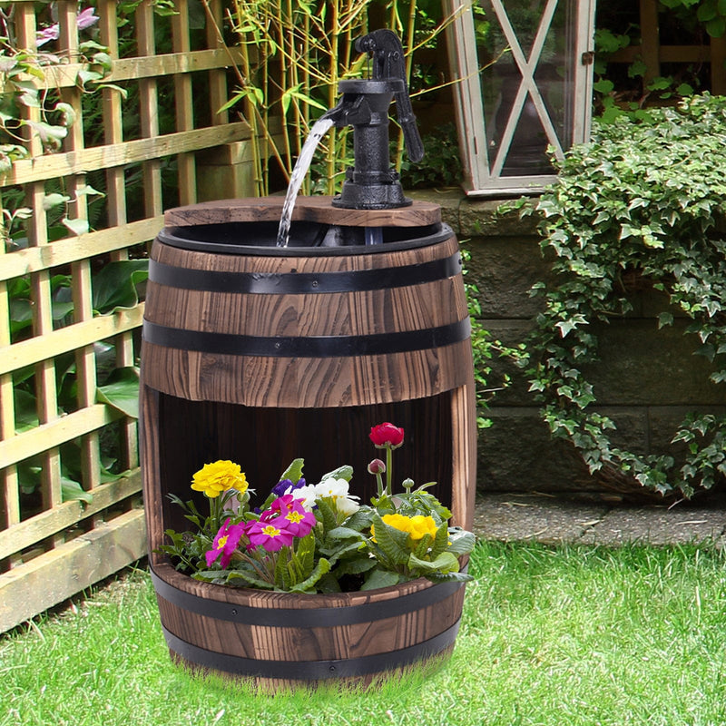 Outsunny Wood Barrel Patio Water Fountain Electric Pump Garden Decorative Ornament with Flower Planter Decor Outsunny