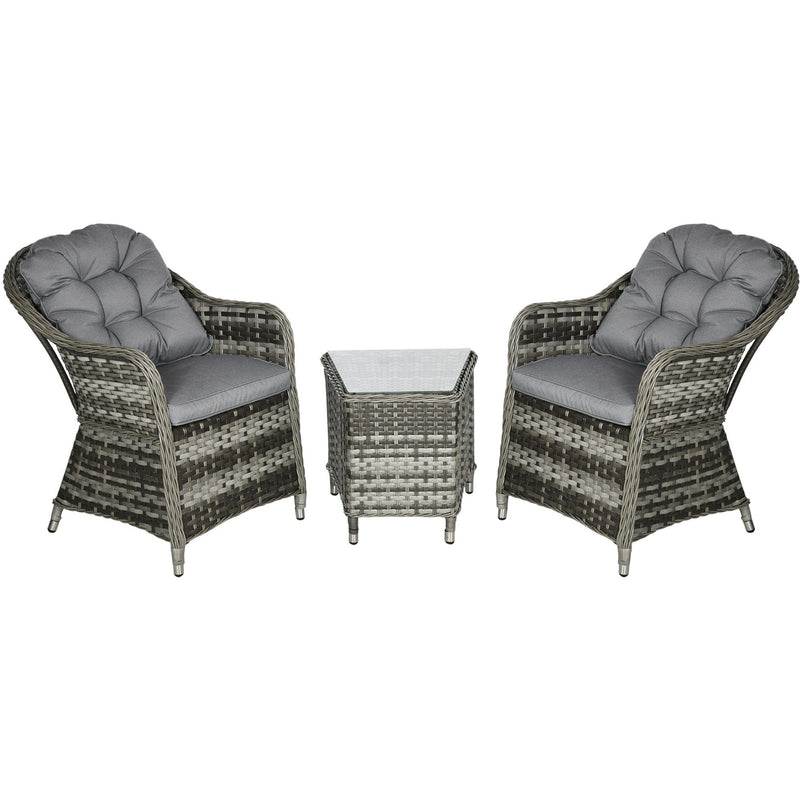 Outsunny Modern 3 PCS Rattan Bistro Set, Patio Aluminium Balcony Furniture with Soft Cushions & Glass Top Table for Garden, Backyard, Grey Outsunny