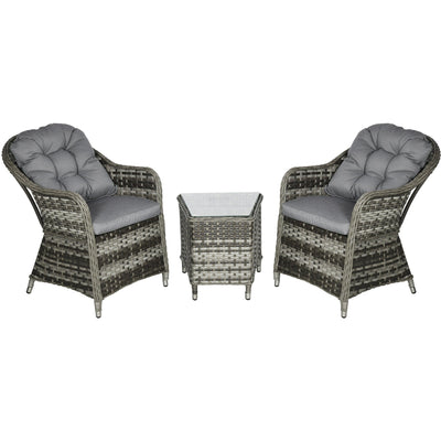 Outsunny Modern 3 PCS Rattan Bistro Set, Patio Aluminium Balcony Furniture with Soft Cushions & Glass Top Table for Garden, Backyard, Grey Outsunny