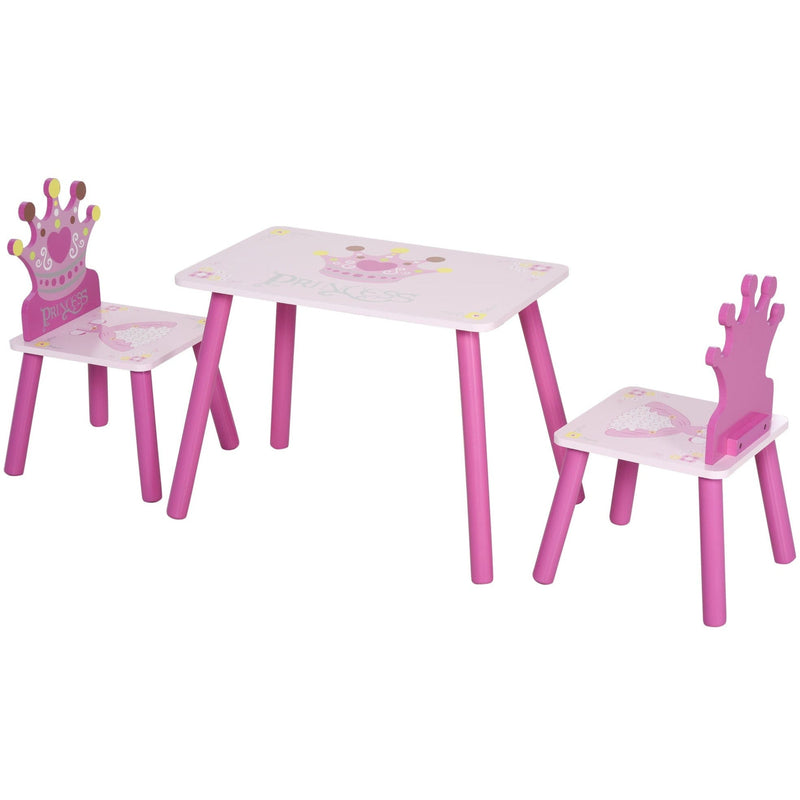 3-Piece Set Kids Wooden Table Chair with Crown Pattern Easy to Clean Gift for Girls Toddlers Age 3 to 8 Years Old Pink