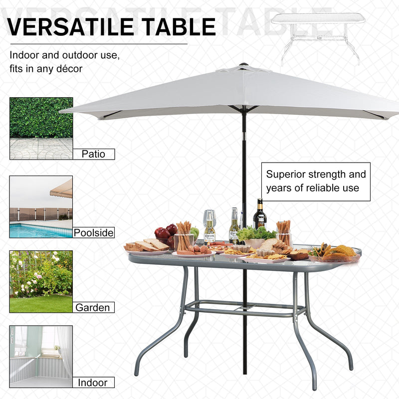 Outsunny Glass Top Garden Table Curved Metal Frame w/ Parasol Hole 4 Legs Outdoor  Balcony Sturdy Friends Family Dining Table  -Grey Outsunny