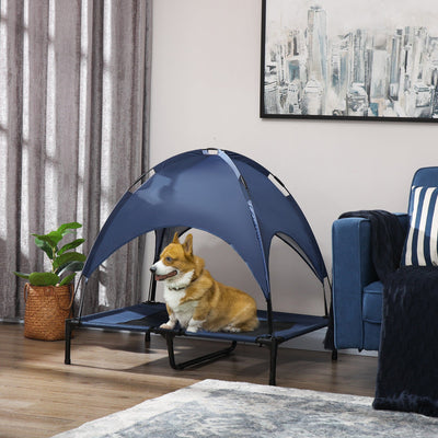 Large Raised Dog Bed with Canopy, Blue - (92x76x90cm) Pawhut