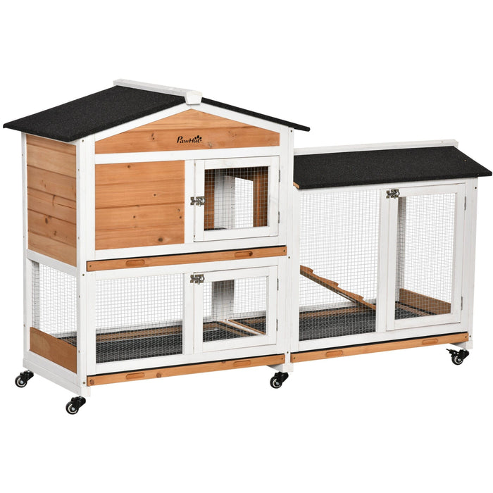 PawHut Mobile Rabbit Hutch with Ramp Wooden Two-Tier