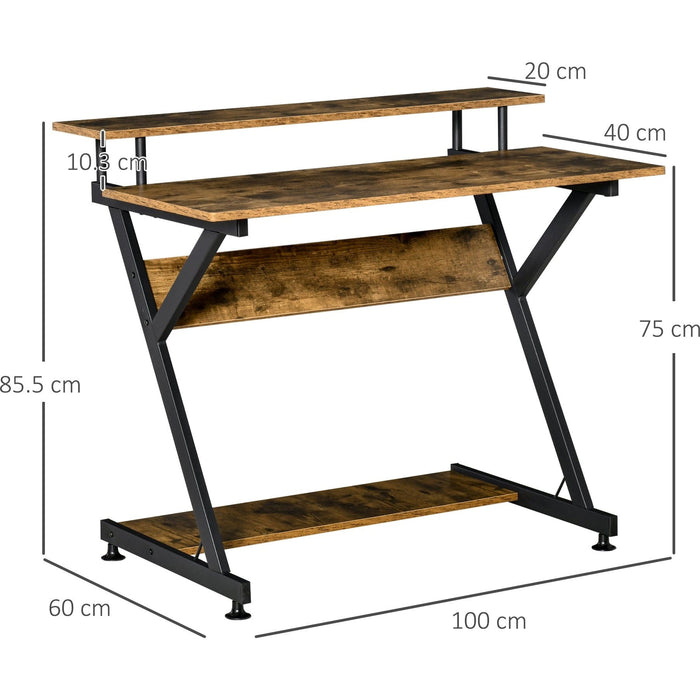 R Shape Compact Desk with Monitor Shelf, Brown