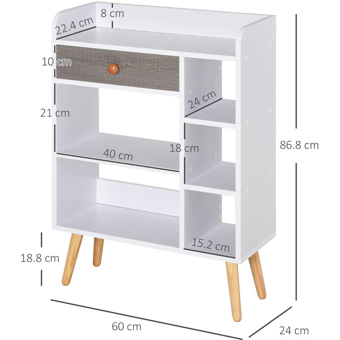 Small Wooden Bookshelf, 6 Shelves, Drawer, L60 x W24 x H86cm