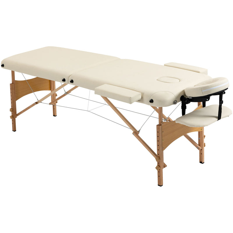 Cream Portable Massage Bed, 2 Sections, Wooden Frame, Bag