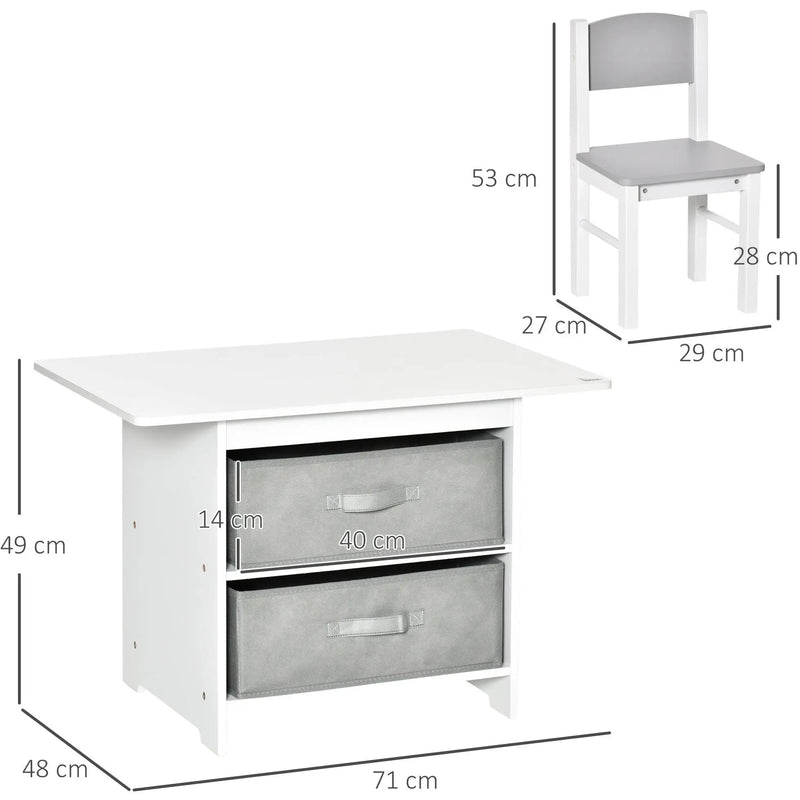 Kids Table and Chairs Set, Storage, 3-Pc, 2-4 Years, White Homcom