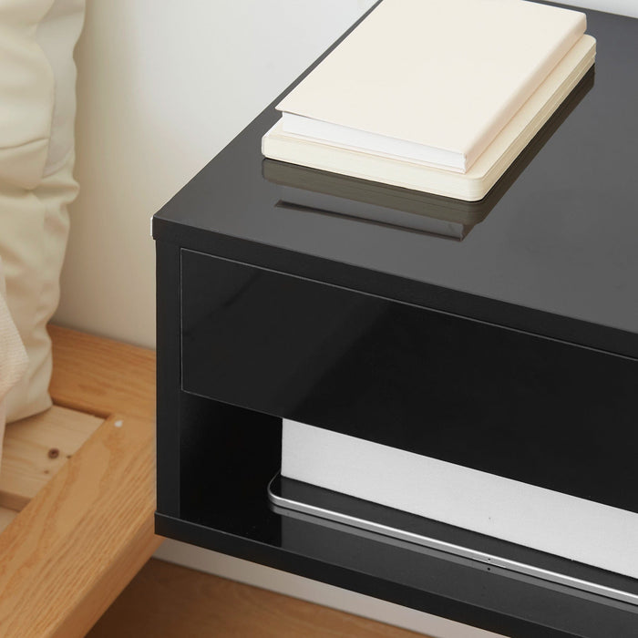 Wall-Mounted Bedside Table, Gloss Black, 37x32x21cm (Set of 2)