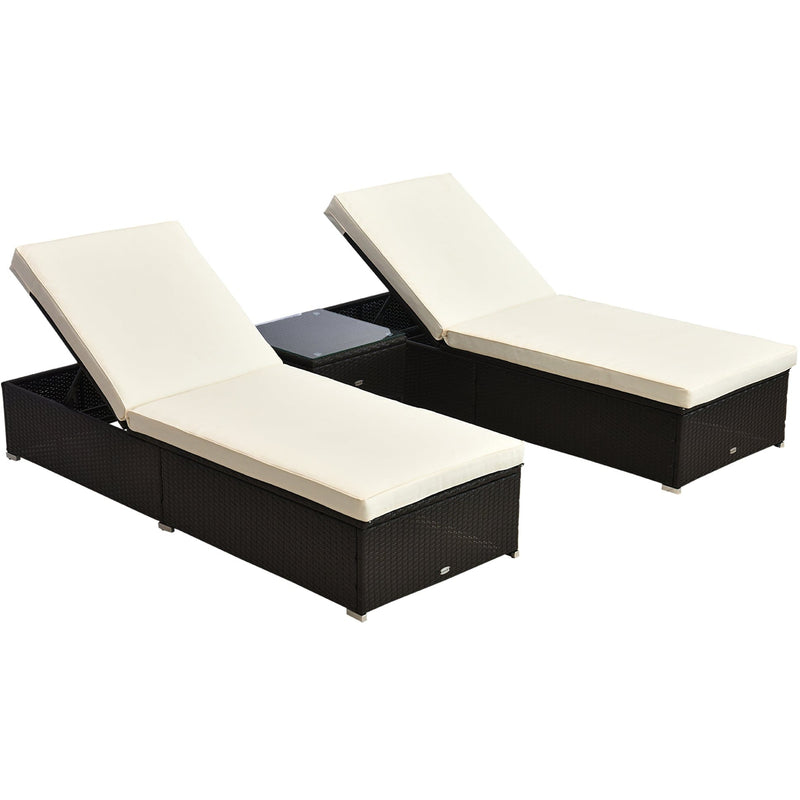3PC Rattan Sun Lounger Sets, Side Table, Dark Coffee