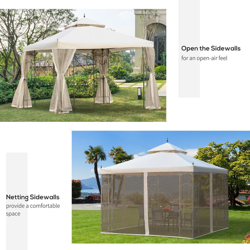 Metal Frame Gazebo With Mesh Sides, Double Top Canopy, 3x3m