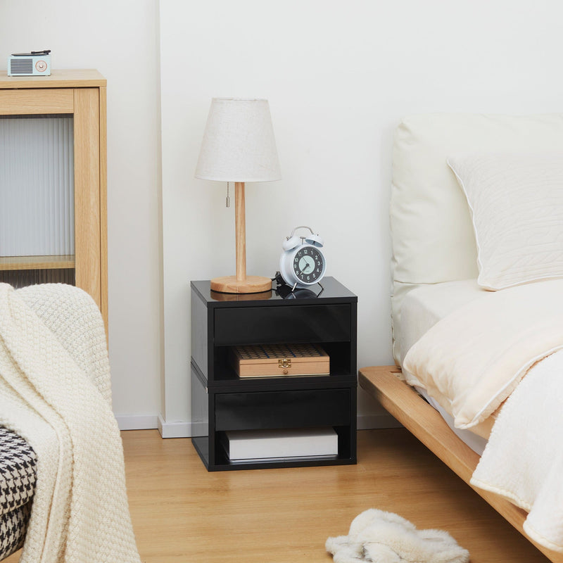 Wall-Mounted Bedside Table, Gloss Black, 37x32x21cm (Set of 2) Homcom