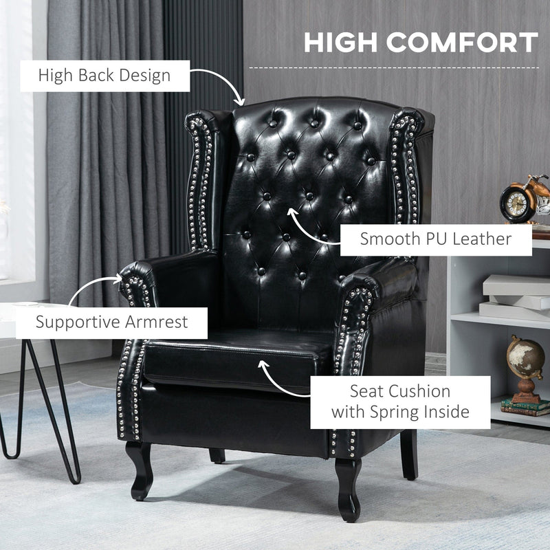 HOMCOM Wingback Accent Chair Tufted Chesterfield-style Armchair with Nail Head Trim for Living Room Bedroom Black Homcom