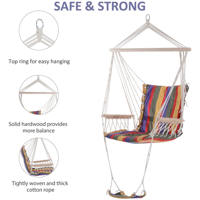 Outdoor Hammock Chair - Wooden Footrest, Armrest - Cotton