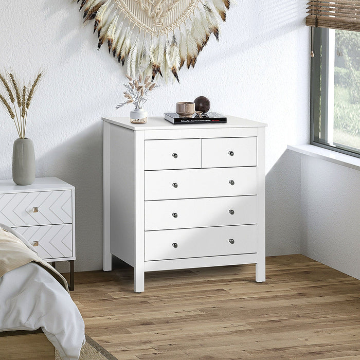 Modern 5 Drawer Chest, Metal Handles, Bedroom Storage, White