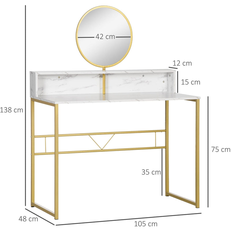 Dressing Table With Round Mirror, Gold Frame, Marble Effect