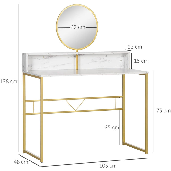 Dressing Table With Round Mirror, Gold Frame, Marble Effect