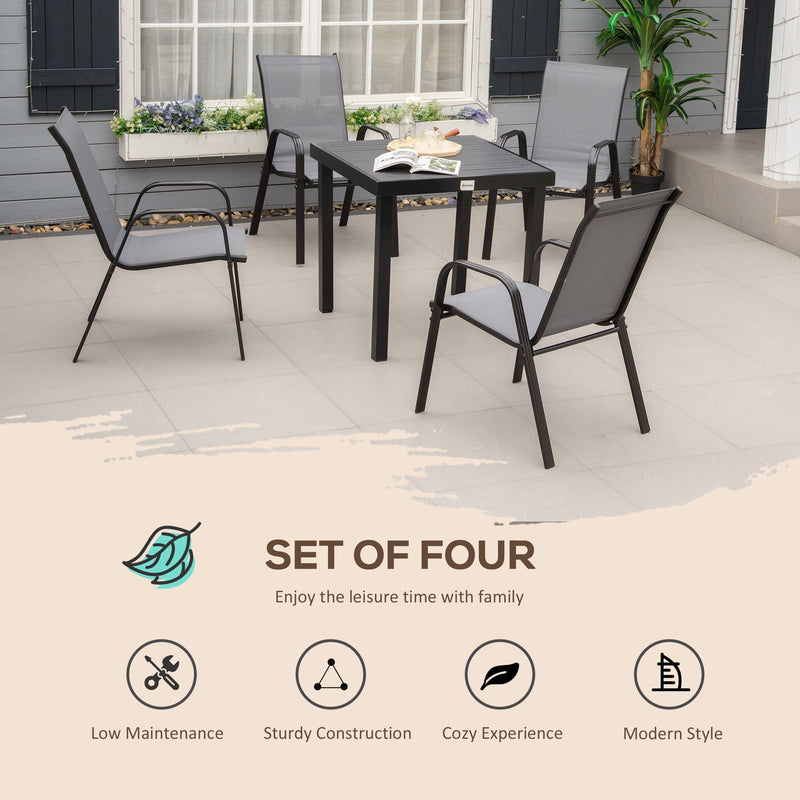 Outsunny Set of 4 Garden Dining Chair Set Stackable Outdoor Patio Furniture Set with Backrest and Armrest, Dark Grey Outsunny
