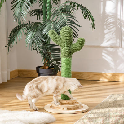 Cactus Cat Tree Post, Hanging Ball, 32x32x60cm, Green Pawhut