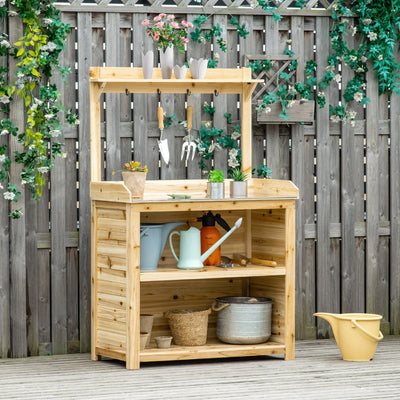 Outsunny Garden Potting Bench Table, Wooden Workstation Bench w/ Galvanized Metal Tabletop, Storage Shelves and Hooks, Natural Outsunny